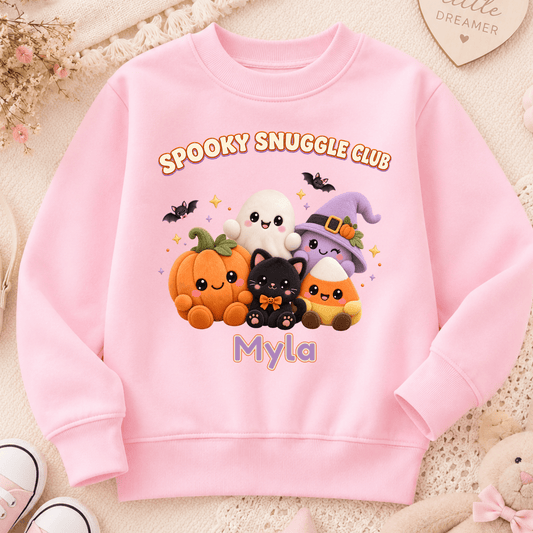 Personalised Halloween Sweatshirt for Kids with kawaii plush pumpkin, ghost, witch, black cat and candy corn Spooky Snuggle Club design.