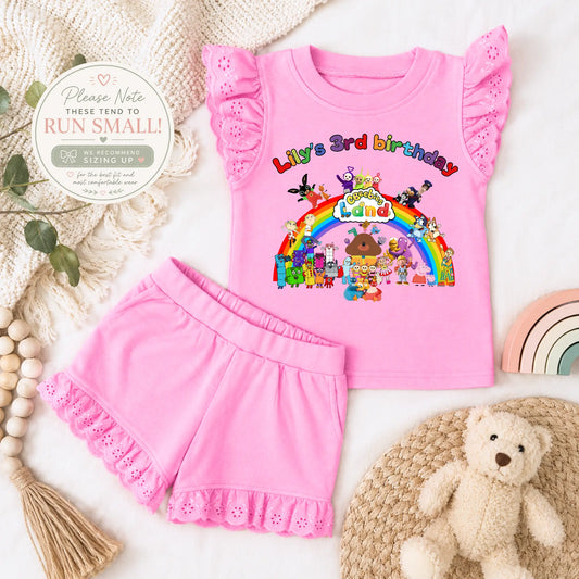 Personalised Cbeebies Character Birthday Outfit for Girls – Frilly Top and Shorts Set AishaBaileyDesigns