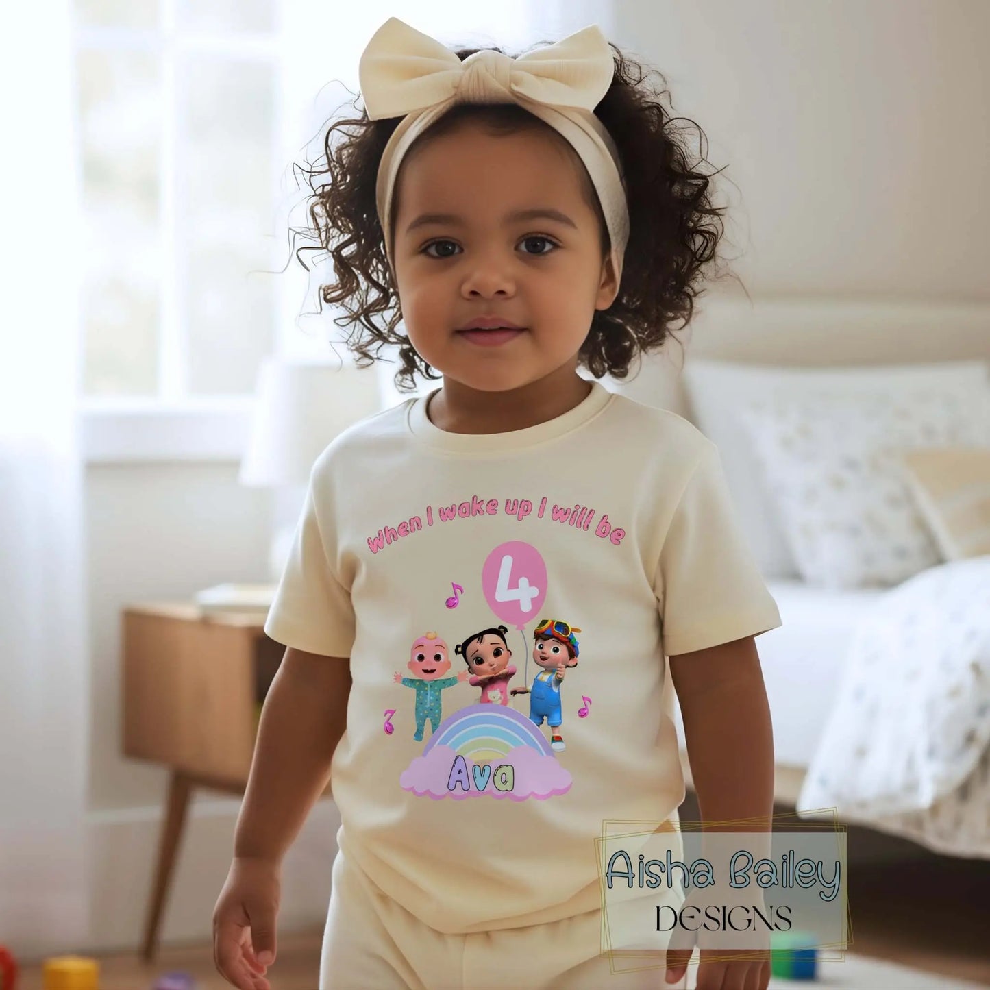 Personalised Cocomelon birthday pyjamas: Girls Short Birthday PJs with custom name and age