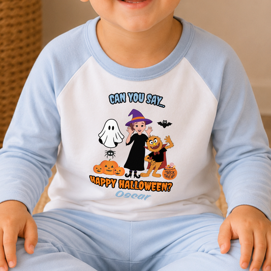 Boys Personalised Ms Rachel Halloween Pyjamas with name print and cute spooky design