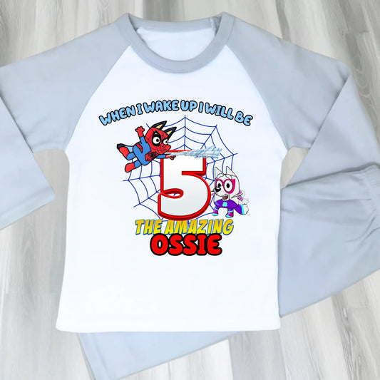 Personalised Spidey Bluey Birthday Pyjamas for Boys - any name and age AishaBaileyDesigns