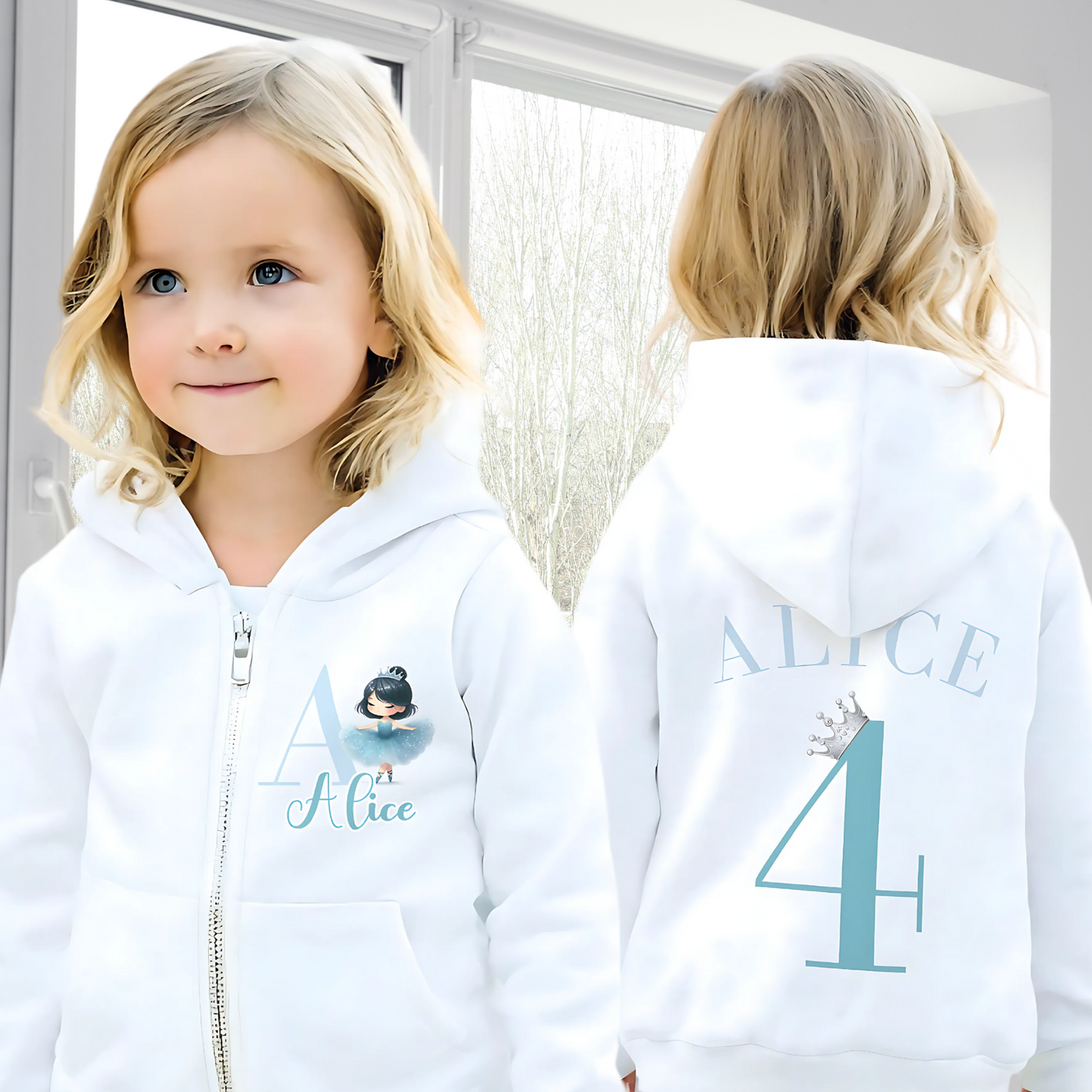 A personalised girls princess hoodie with a zipper, inspired by an ice princess theme. The hoodie is in an ice blue colour palette and features an initial, name, and princess design on the front left. The back displays the child's name and chosen number along with a silver crown, perfect for toddlers and young girls who adore princesses. Princess Gift, princess hoodie, name number hoodie