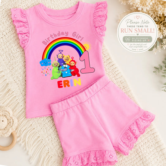 Personalised Teletubbies Birthday Outfit for Girls – Frilly Top and Shorts Set AishaBaileyDesigns