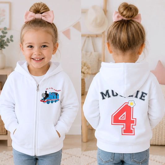 Personalised Girls Thomas the Tank Engine Zip-up Custom Hoodie with Back Print - any name and number AishaBaileyDesigns