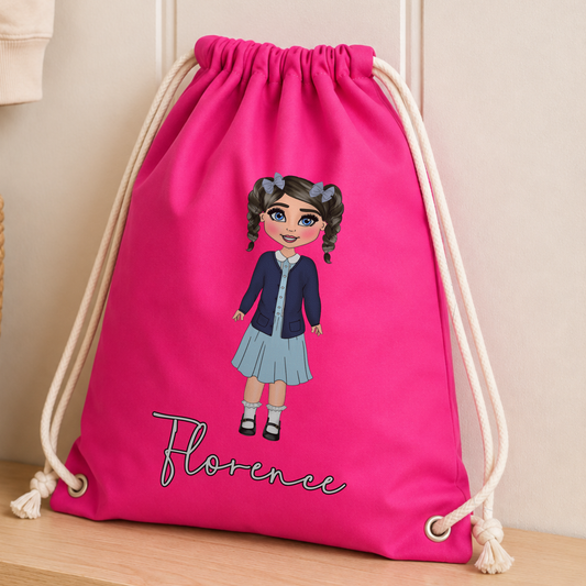 Personalised Back to School Drawstring Bag for girls with custom gingham school doll, child's features and name