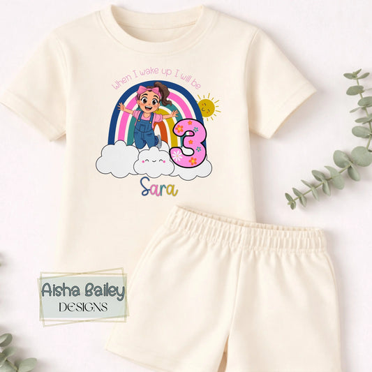 Personalised Ms Rachel Short Birthday Pyjamas with custom name and age for the birthday girl
