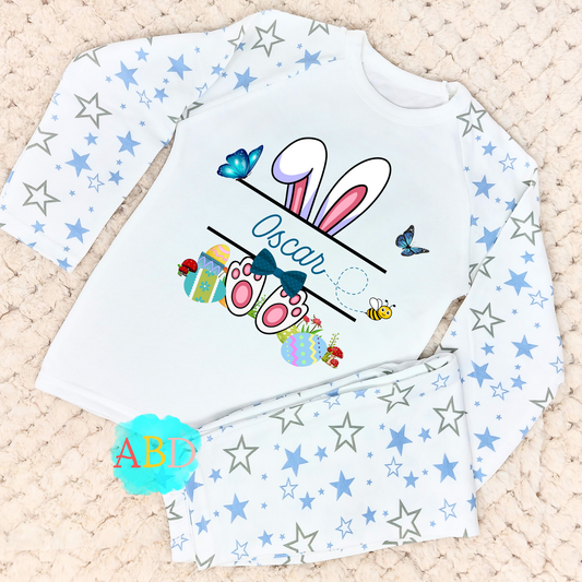 Personalised Easter pyjamas, baby sleepwear, White Rabbit pajama set, cute children's pajamas, personalised easter sleepwear, Easter celebration outfits, Easter bunny pjs with name