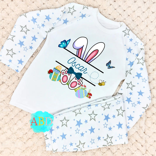 Personalised Easter pyjamas, baby sleepwear, White Rabbit pajama set, cute children's pajamas, personalised easter sleepwear, Easter celebration outfits, Easter bunny pjs with name