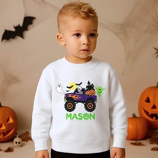 Personalised Halloween Monster Truck Sweatshirt, Halloween Monster Truck Sweatshirt with ghost, pumpkins, and personalized name for kids