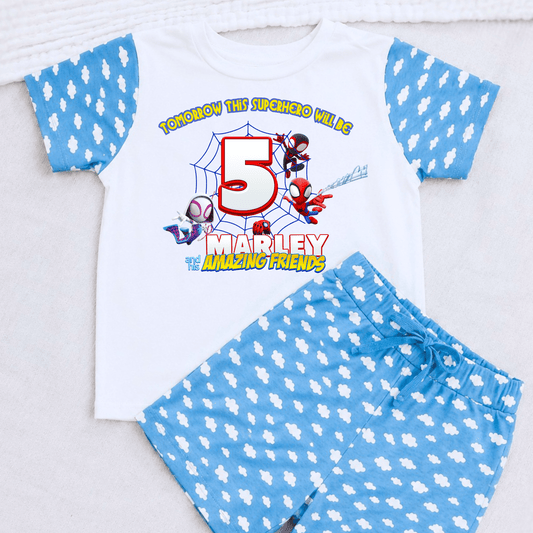 Personalised Spidey Short Birthday Pyjamas for Boys with custom name and age superhero birthday design on soft short sleeve children's pyjama set.