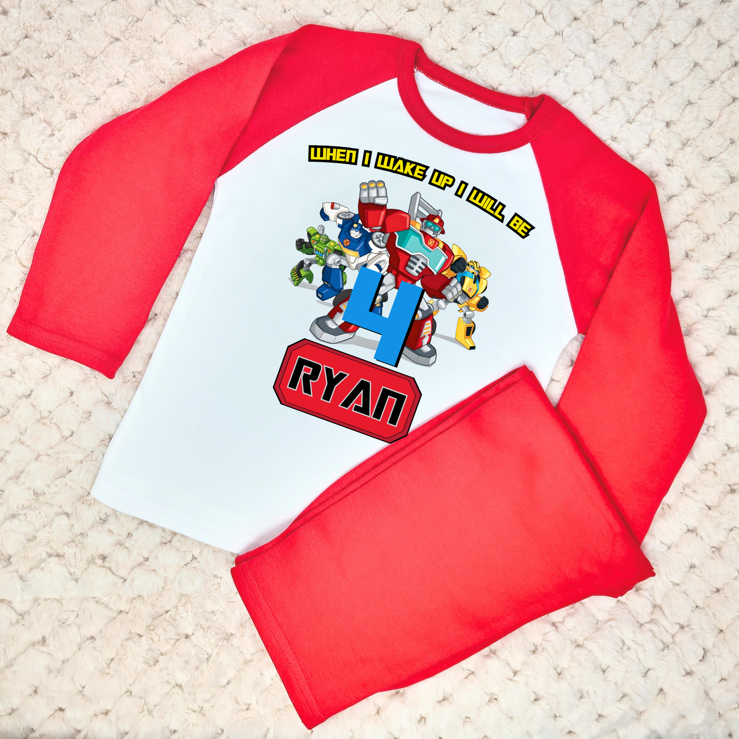 Transformers Birthday Pyjamas for Boys: Customised Transformers Birthday PJs, Rescue bots pjs, boys transformer birthday, robot birthday pjs