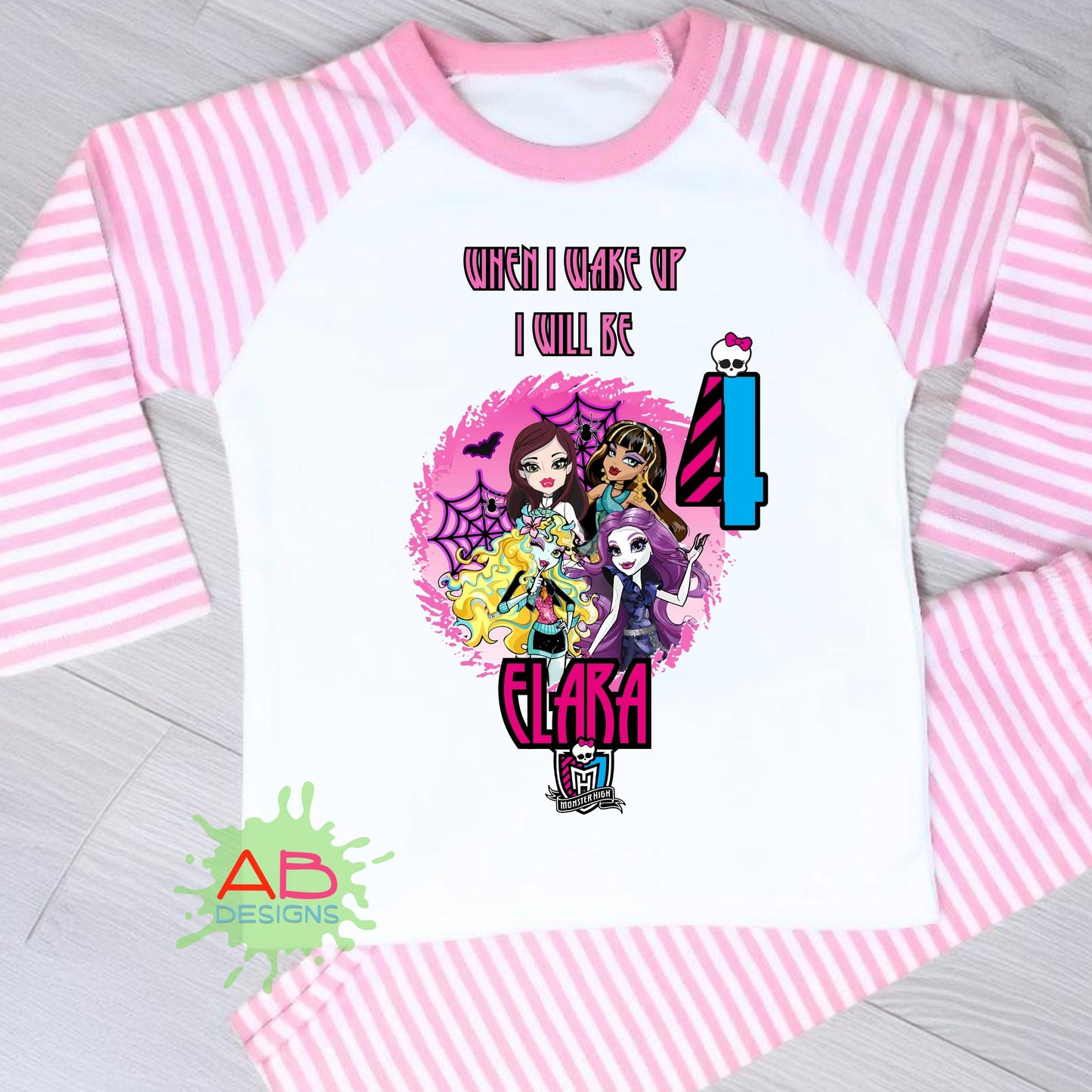 Monster high birthday pyjamas, Girl birthday PJs, Pink Monster High Girl pyjamas, Personalised Birthday PJS Monster Gothic Girl pyjamas, When I wake up monster high
