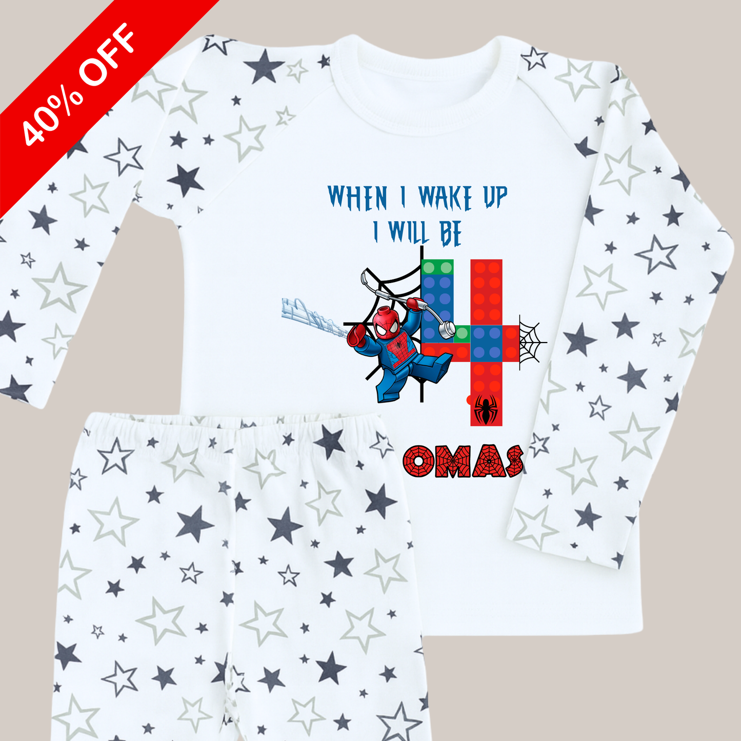 Lego spiderman birthday pyjamas, when i wake up spiderman, superhero themed birthday pyjamas on black star pjs
