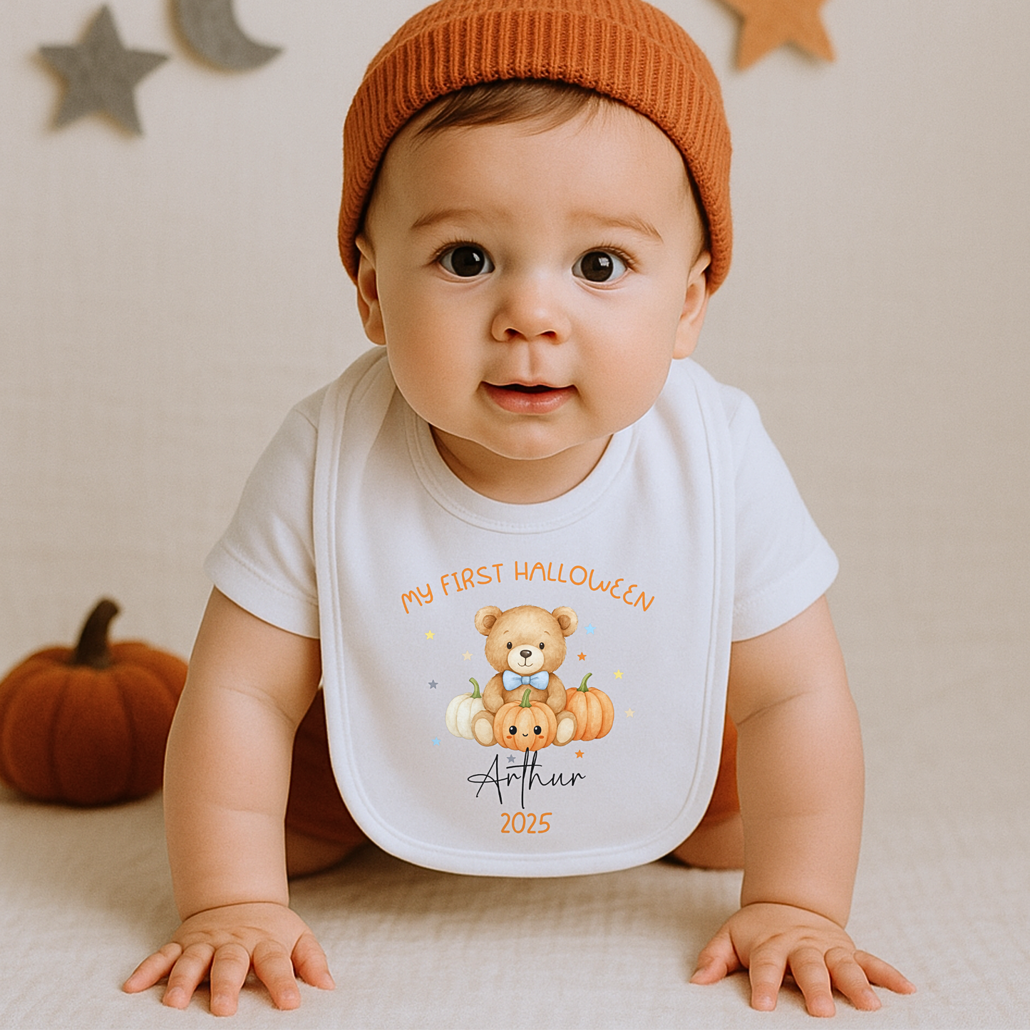 Personalised First Halloween Outfit for baby boy with teddy and pumpkin design, customised with baby name.