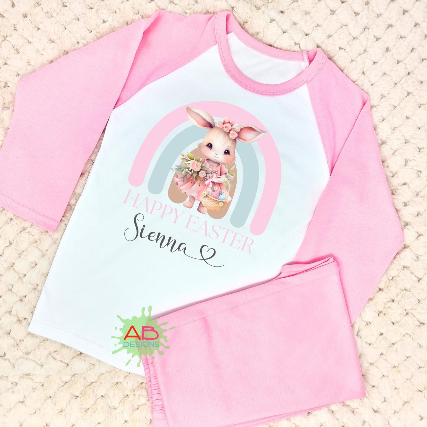Easter PJs - Girls Cute White Rabbit Rainbow Pyjamas, When i wake up easter