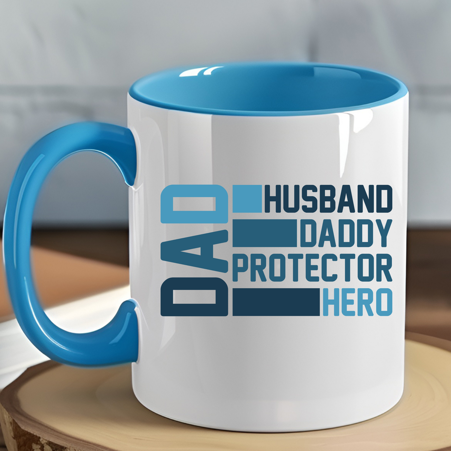 personalised husband and daddy mug: An image of a white ceramic coffee mug with customisable text options. The mug features a design that allows for personalisation with a husband's or father's name, making it an ideal gift for Father's Day or a birthday. The mug is shown against a neutral background, emphasizing its unique and thoughtful design tailored for dads. On the front it reads Dad then husband, daddy, protector, hero