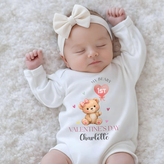 Personalised First Valentines Day baby girl outfit - baby grow, vest, bib with her custom name. The cute Valentine gift for baby