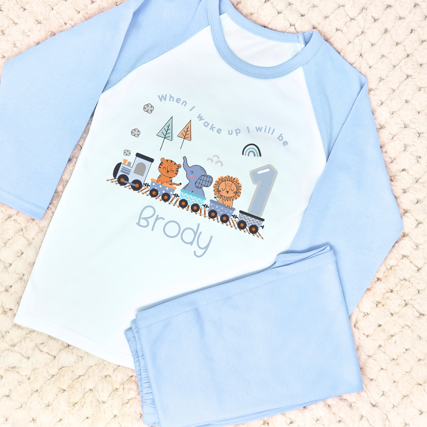 Safari Birthday Pyjamas for Boys - Personalised Safari Animal Train PJs, When I wake up jumgle theme, safari birthday pjs, wild one birthday pajamas