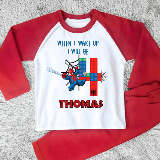 Personalised LEGO Spider-Man Birthday Pyjamas with child’s name and age, featuring a colourful superhero design for boys and girls aged 2–7.