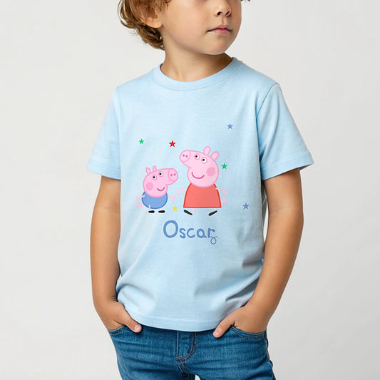 Personalised Peppa and George T-shirt for kids featuring cute character artwork and custom name option.