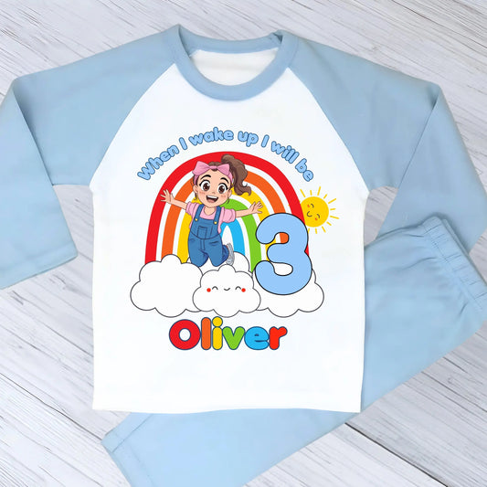 Personalised boys Ms Rachel birthday pyjamas with rainbow design and name printed on top