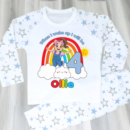 Personalised boys Ms Rachel birthday pyjamas with rainbow design and name printed on top