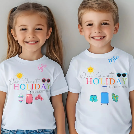 Personalised Our First Holiday T-shirt with custom name, destination and year for babies, kids and adults family holiday keepsake outfit