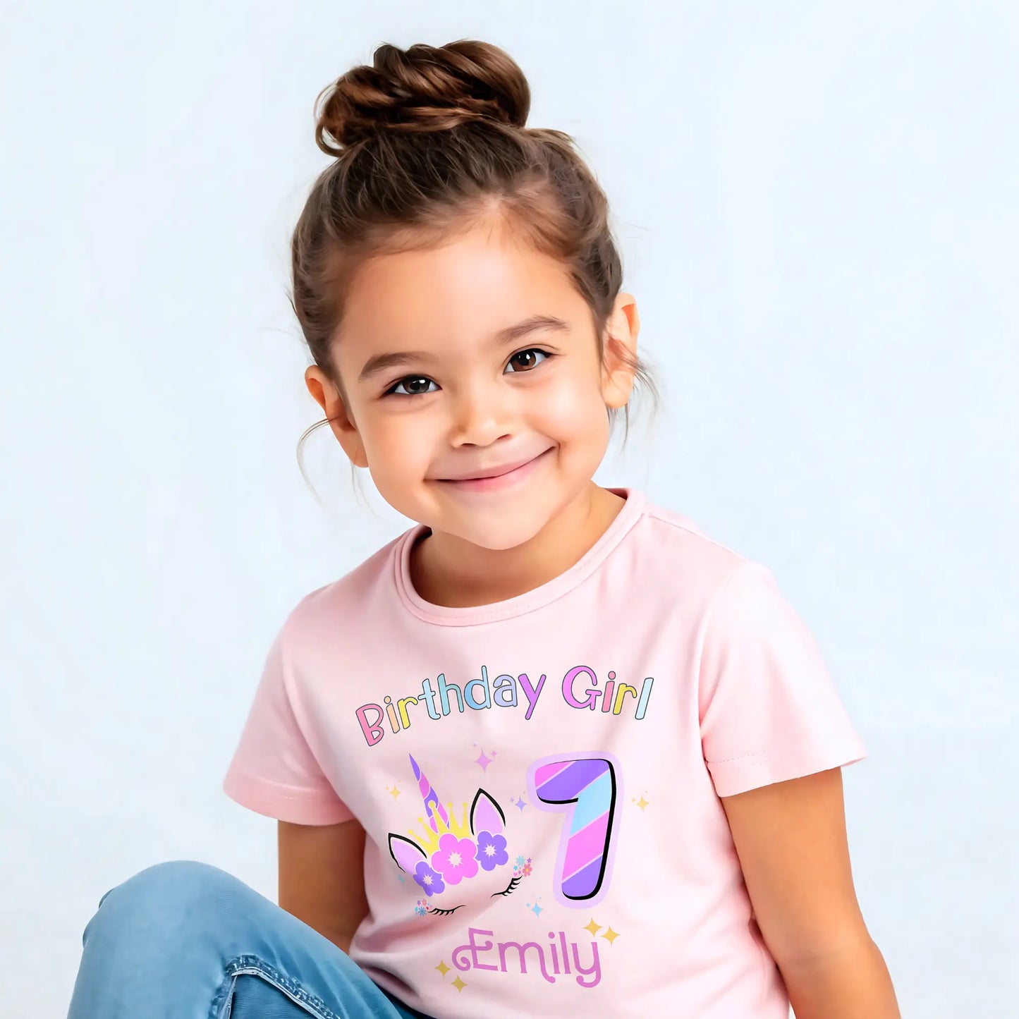 Unicorn Birthday T-shirt for girls, A personalised birthday t-shirt for girls, featuring a pink and purple unicorn design. The t-shirt is customisable with the child's name and age, making it a perfect birthday gift. The vibrant colours and whimsical unicorn imagery make it an ideal choice for a toddler celebrating her special day. The t-shirt is available in white, blue and pink.