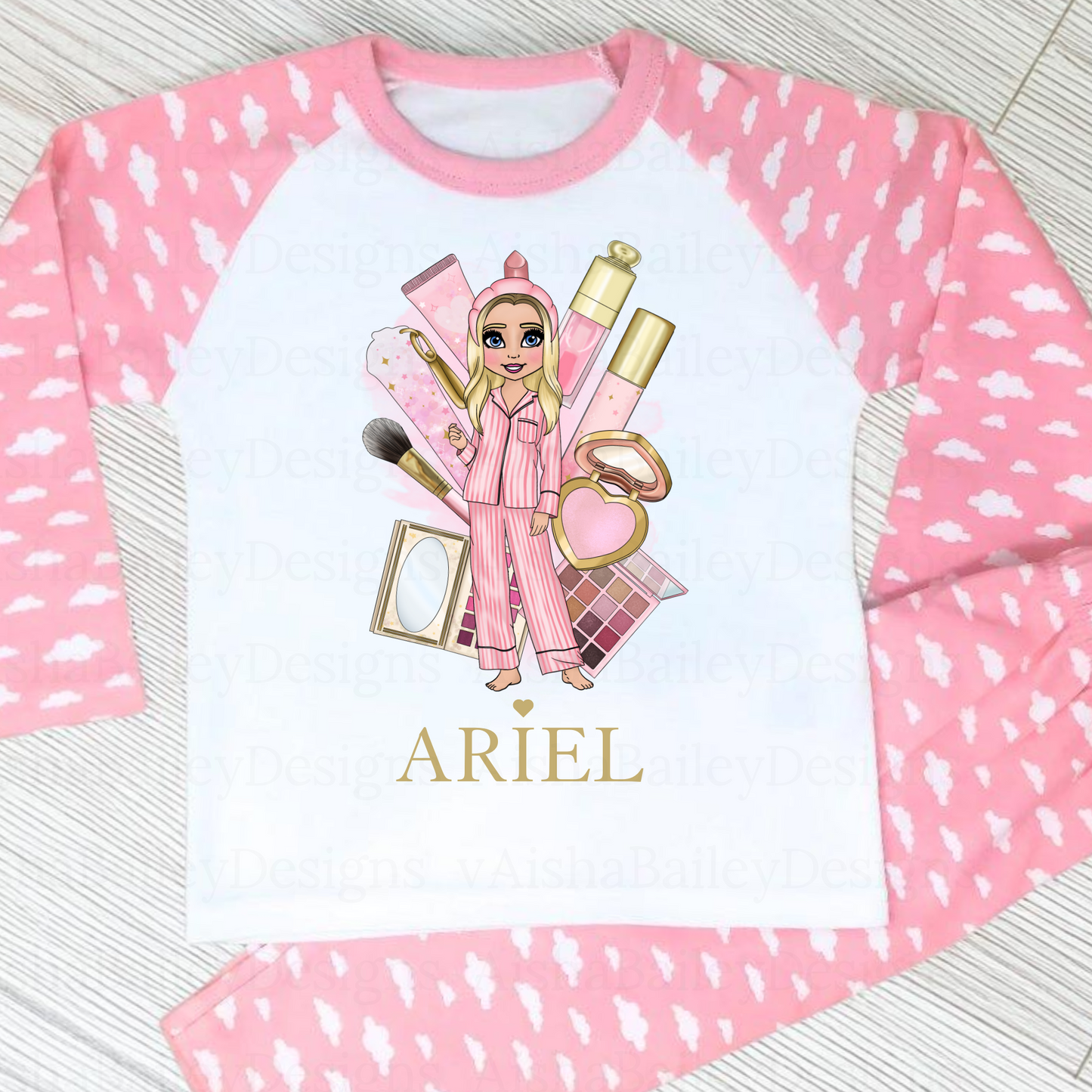 Girls makeup pyjamas, custom name pyjamas, pamper pyjamas, spa day nightwear, makeup dolly design, plouise pyjamas girl