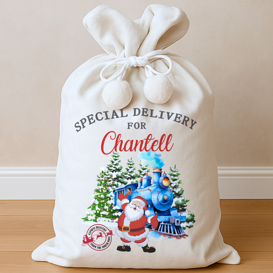 personalised christmas sack, Personalized Santa sack with festive design and text on a plain background