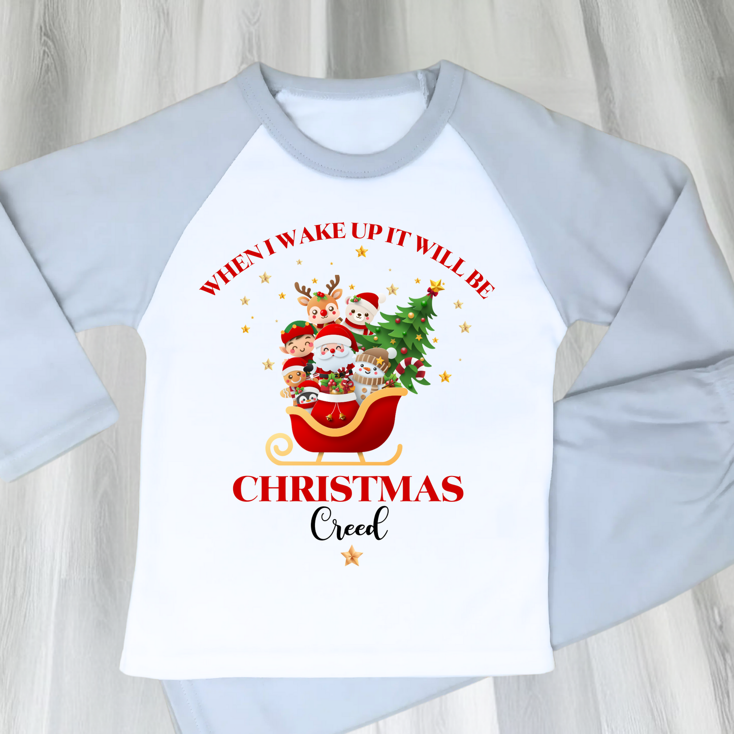 Personalised Christmas pyjamas with Father Christmas sleigh design for boys and girls, When uI wake up it will be Christmas