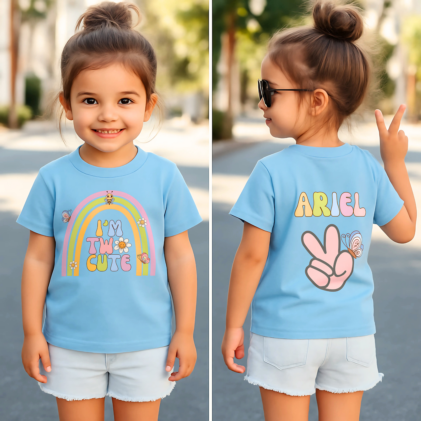 Two cute birthday t-shirt: An adorable birthday T-shirt for two year old girls featuring a whimsical boho retro rainbow on the front, complemented by nostalgic retro emojis and a groovy font. Crafted from soft, high-quality fabric for comfort, this vibrant tee is perfect for standing out during birthday celebrations or casual outings. 2nd birthday outfit