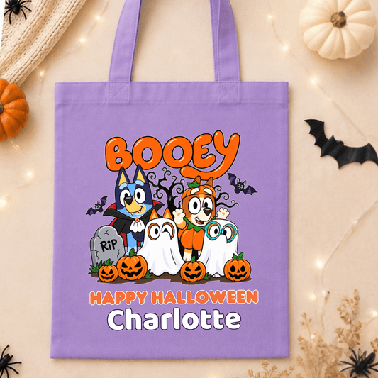 Kids Personalised Halloween Trick or Treat Bag with name, Bluey character design, pumpkins, ghosts and bats in purple, violet, white and pink