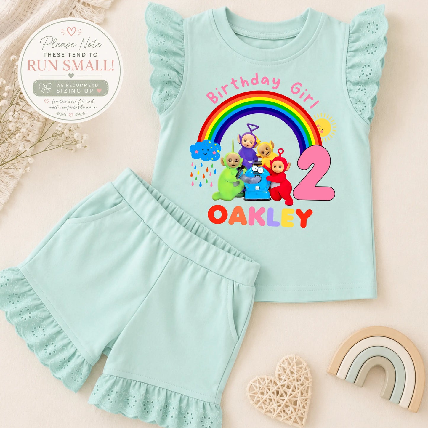 Personalised Teletubbies Birthday Outfit for Girls – Frilly Top and Shorts Set AishaBaileyDesigns