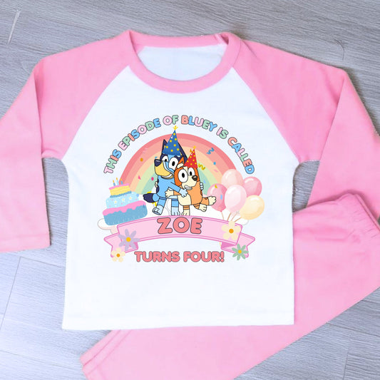 Personalised Bluey and Bingo Birthday Pyjamas for Girls featuring colourful birthday artwork.