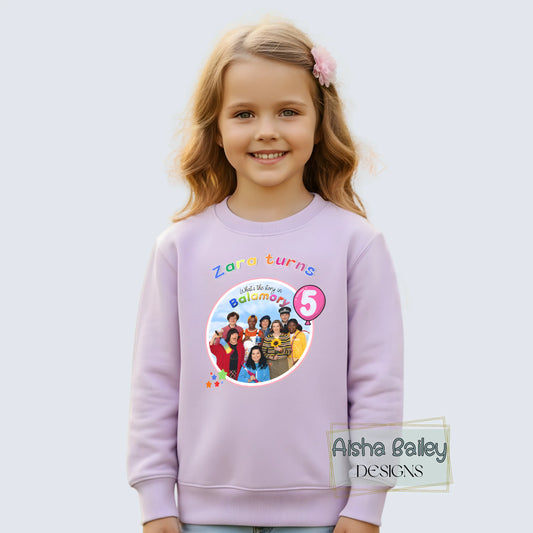 Personalised Balamory birthday sweatshirt for girls with custom name and any age colourful birthday jumper for toddlers