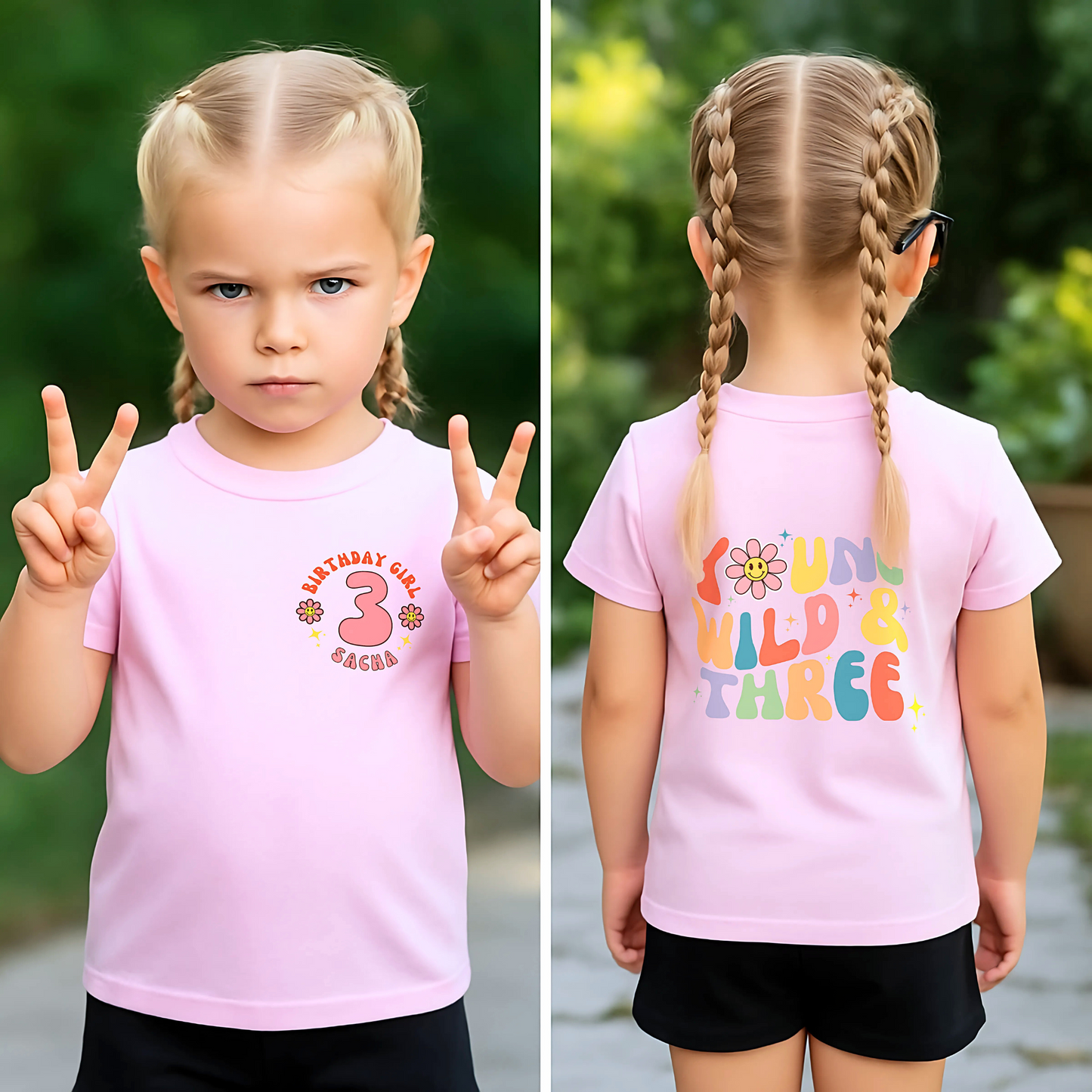 Young Wild and three birthday t-shirt: A girls' birthday T-shirt with a "Young Wild and Three" theme, showcasing a groovy retro style. The front features whimsical retro emojis and the words "birthday girl" alongside a customisable name on the left breast. The back displays bold retro fonts and graphics for a nostalgic touch. Made from soft, high-quality fabric, this vibrant and playful tee is designed for comfort and style, perfect for third birthdays.