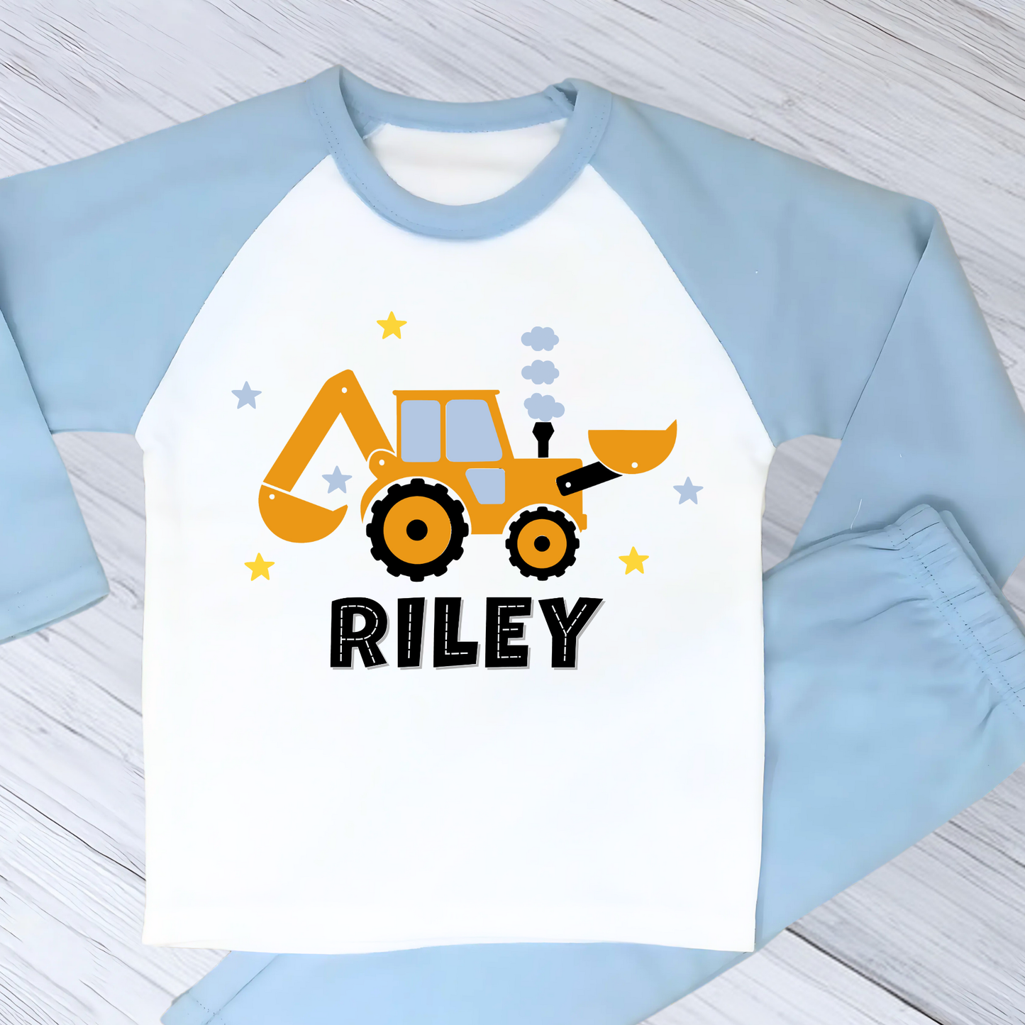 personalised digger pyjamas, boys tractor pyjamas with name, personalised toddler pyjamas, toddler birthday ideas,