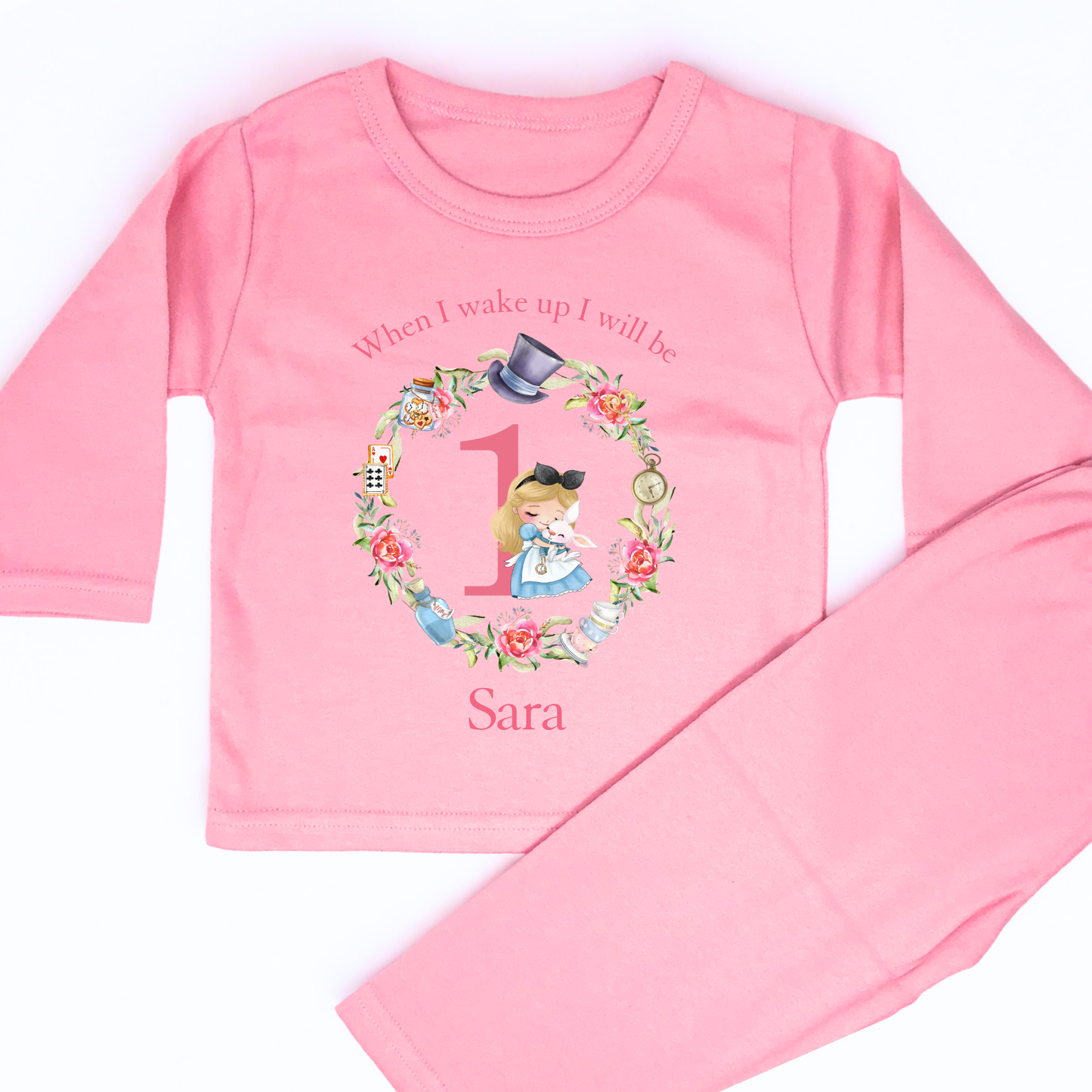 Personalised First Birthday Pyjamas: Personalised Baby Girl's First Birthday Alice Floral Wreath Pyjamas, Custom 1st Birthday Outfit for Toddlers, When I Wake Up I Will Be One