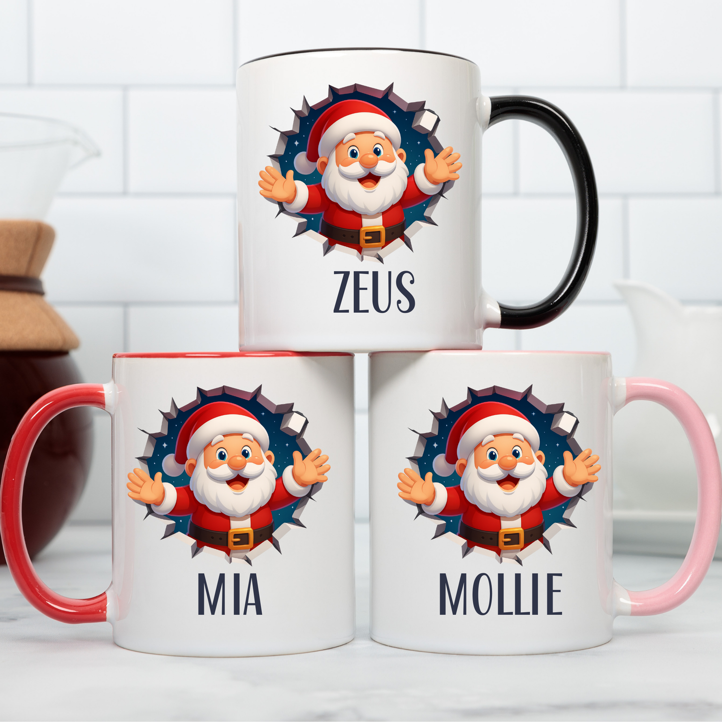Personalised kids Christmas mug with Santa Claus breakout design and custom name, stocking filler mug, kids christmas gift