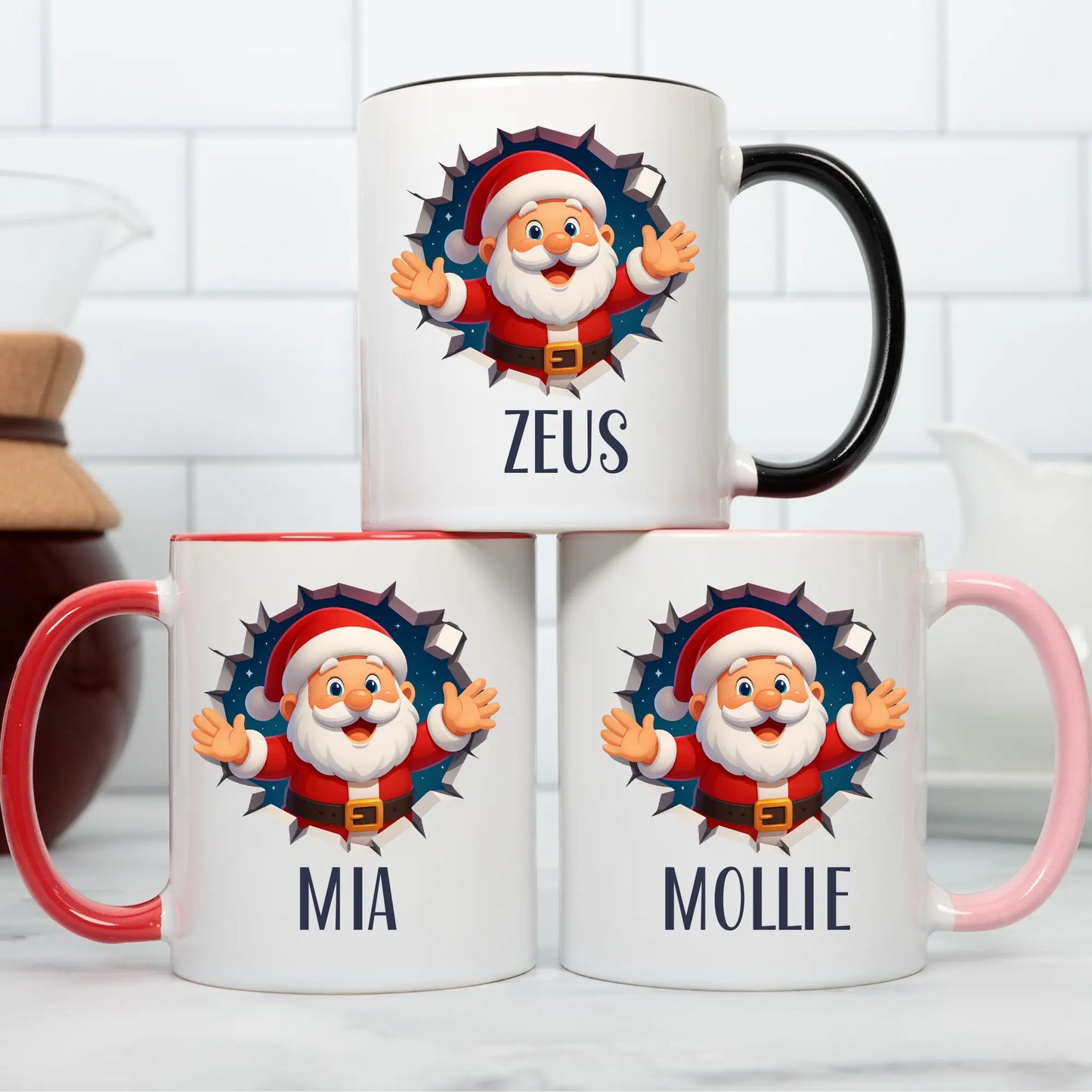 Personalised kids Christmas mug with Santa Claus breakout design and custom name, stocking filler mug, kids christmas gift