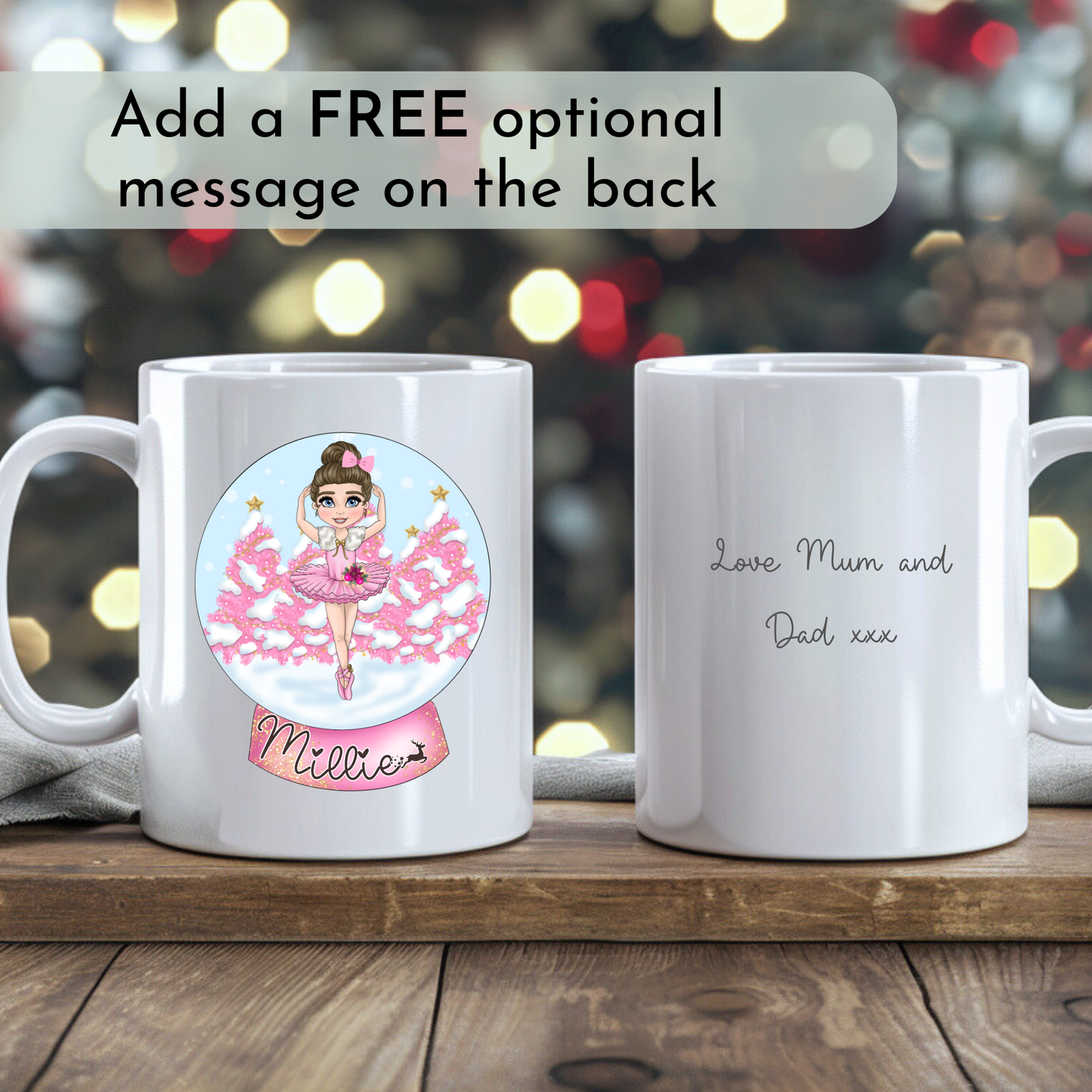 Girls Christmas Mug personalised with ballerina snow globe design and child’s name, stocking filler mug, kids christmas hot chocolate