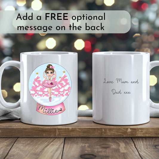 Girls Christmas Mug personalised with ballerina snow globe design and child’s name, stocking filler mug, kids christmas hot chocolate