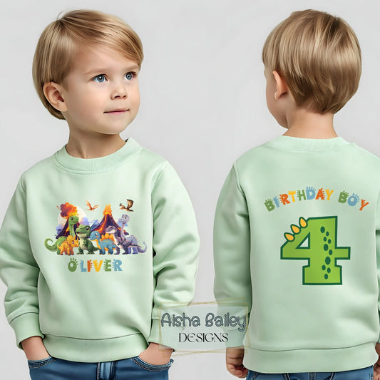 Dinosaur birthday sweatshirt for boys with personalised name and age, colourful dinosaur design and Birthday Boy print, cosy jumper for kids birthday party outfit