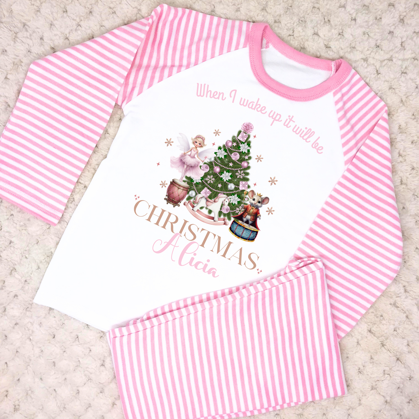 Girls Christmas Pyjamas, Pink Nutcracker Christmas Pyjamas with Personalisation, When I Wake up it will be Christmas