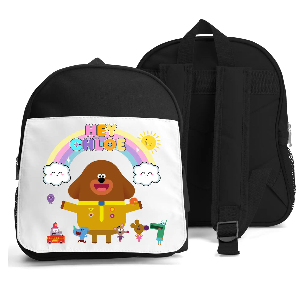 Personalised Hey Duggee Toddler Backpack for Girls in black with colourful Duggee and Squirrels print, front pocket and adjustable shoulder straps.