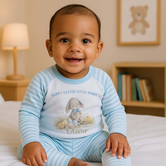Personalised Easter Pyjamas: Boys Easter Pyjamas with personalised name featuring white bunny and pastel Easter egg design