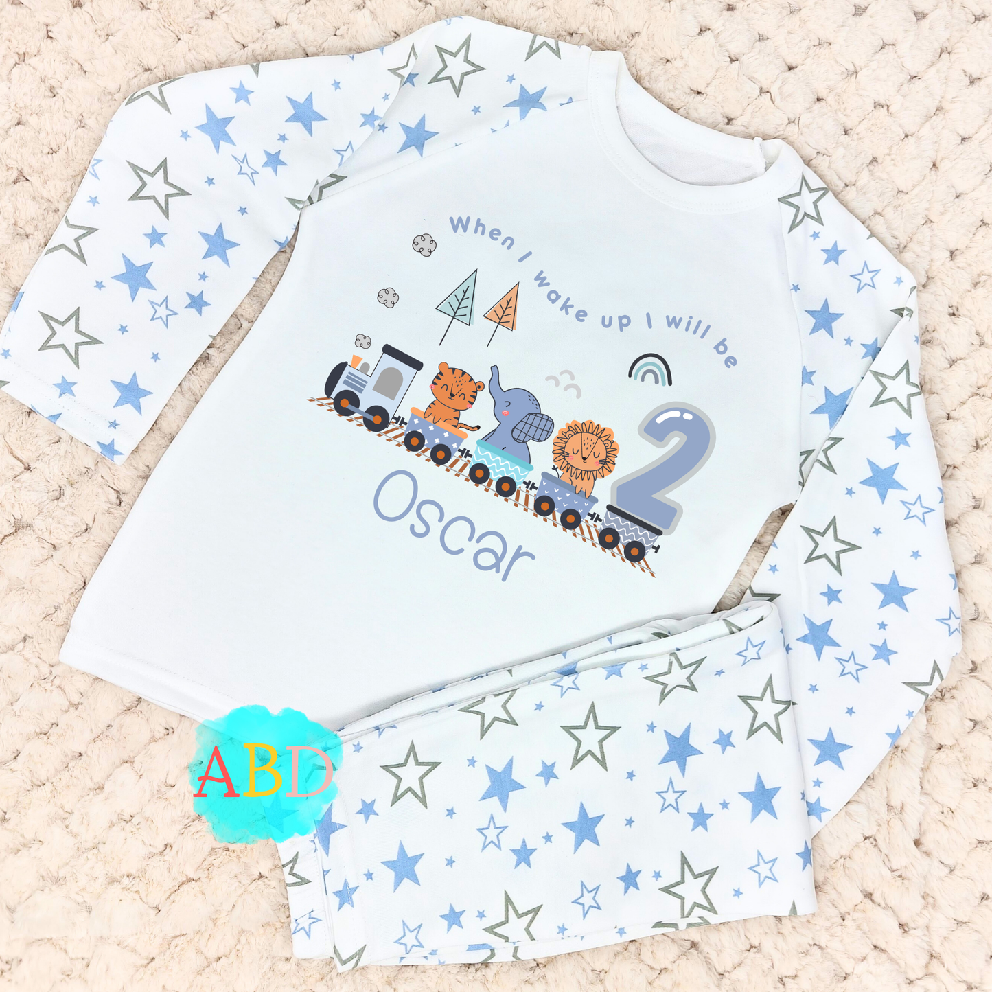 Safari Birthday Pyjamas for Boys - Personalised Safari Animal Train PJs, When I wake up jumgle theme, safari birthday pjs, wild one birthday pajamas