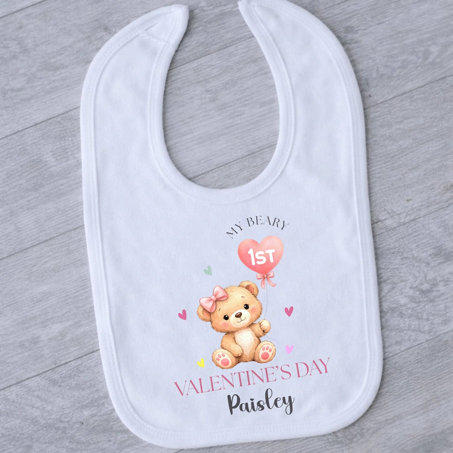 Personalised First Valentines Day baby girl outfit - baby grow, vest, bib with her custom name. The cute Valentine gift for baby