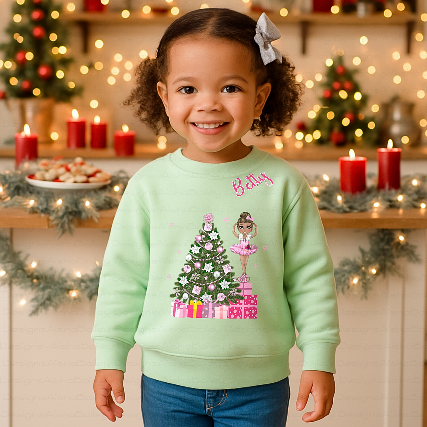 Personalised Christmas sweatshirt with ballerina customised to match child’s features, festive kids jumper, Christmas Jumper Day